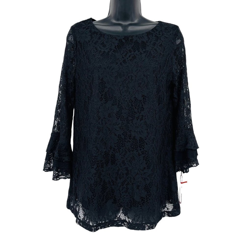 Elle New Woman's Lace Bell Sleeve Top Size Mā Black Tie Witchy Dark Cottagecore